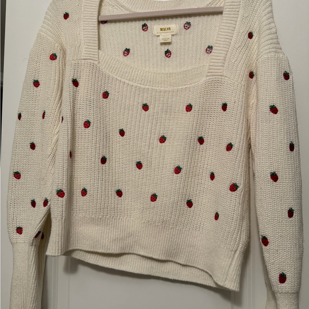 Anthropologie Cream Sweater with Red Accents
